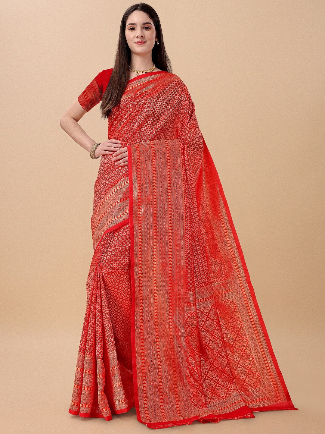 

ZIKARAA Zari Pure Silk Banarasi Saree, Red