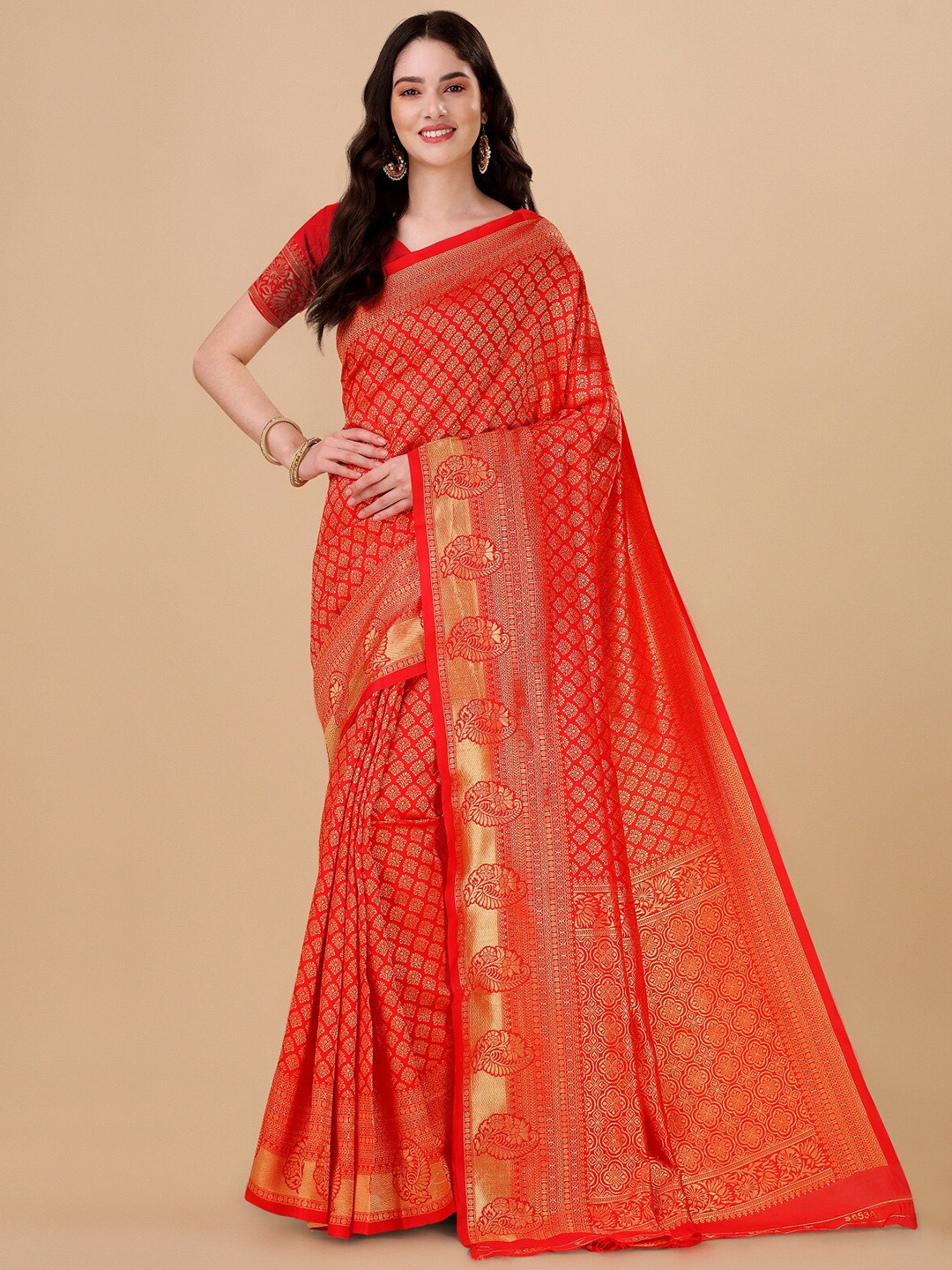 

ZIKARAA Woven Design Zari Pure Silk Banarasi Saree, Red