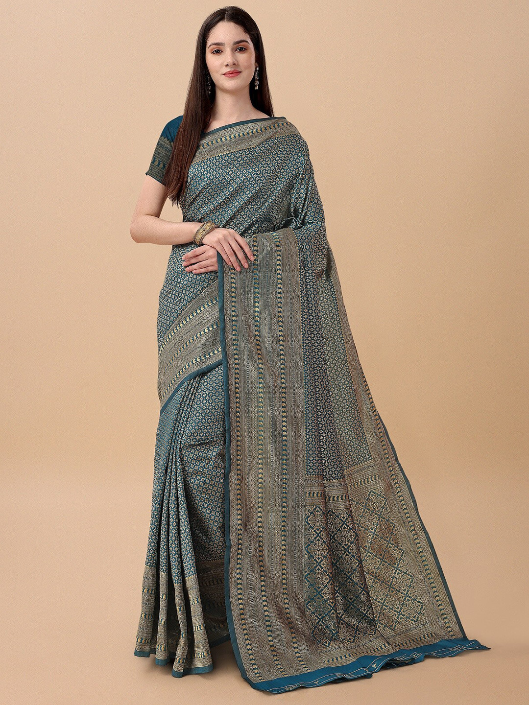 

ZIKARAA Woven Design Zari Pure Silk Banarasi Saree, Teal
