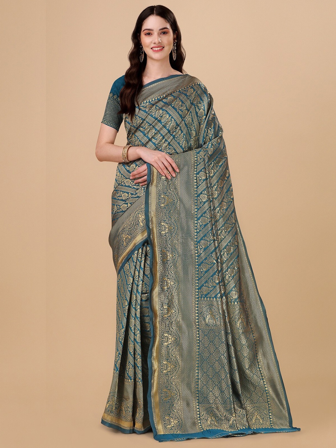 

ZIKARAA Woven Design Zari Pure Silk Banarasi Saree, Teal