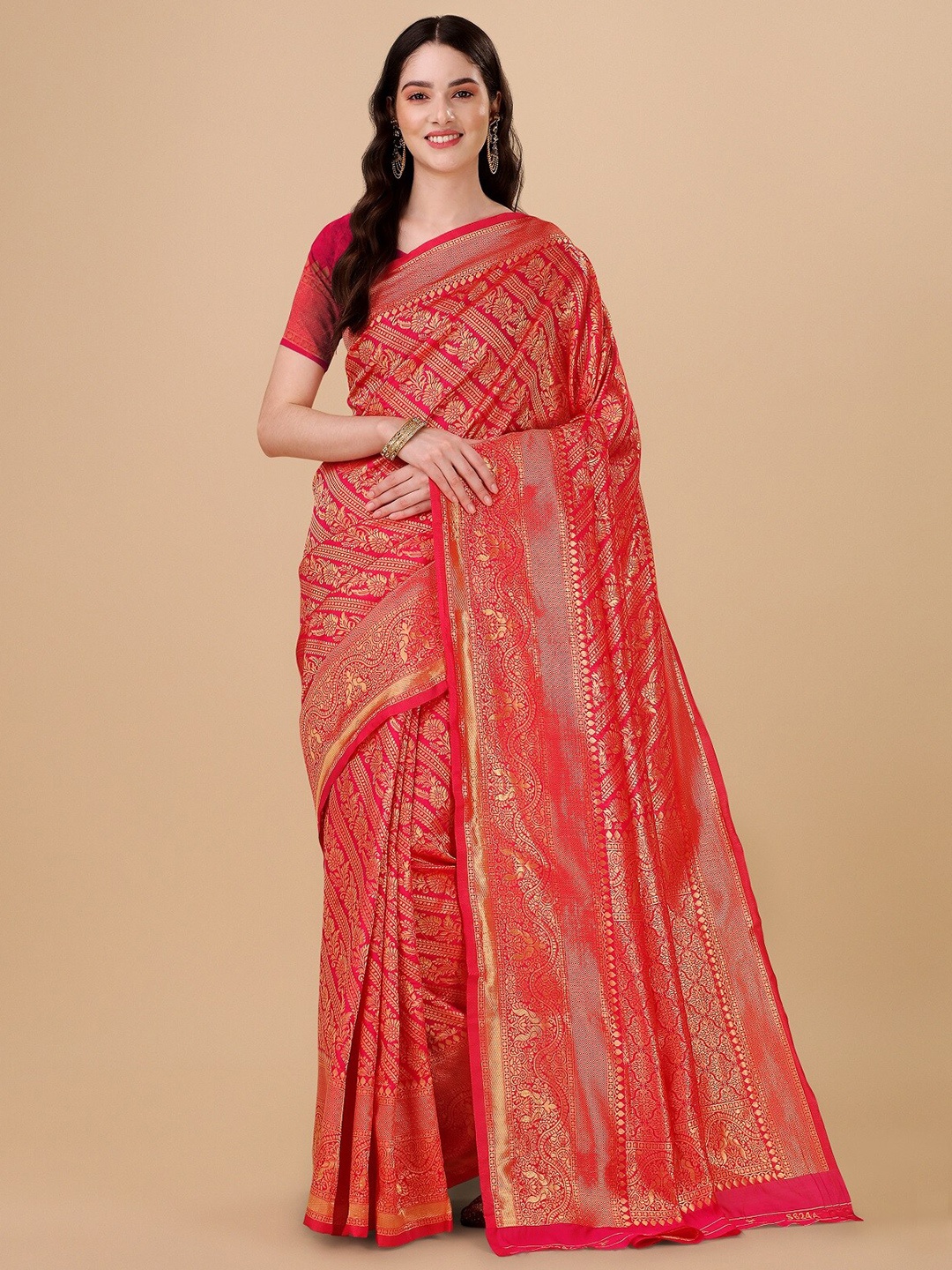 

ZIKARAA Ethnic Motifs Zari Pure Silk Banarasi Saree, Pink