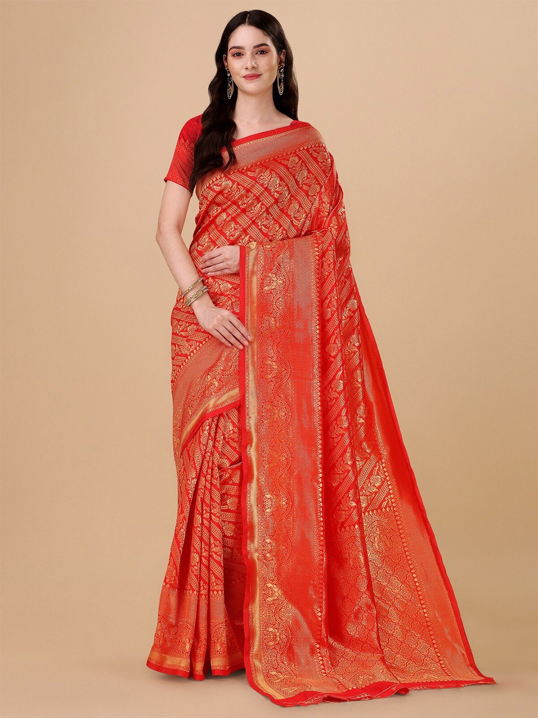 

ZIKARAA Ethnic Motifs Zari Pure Silk Banarasi Saree, Red