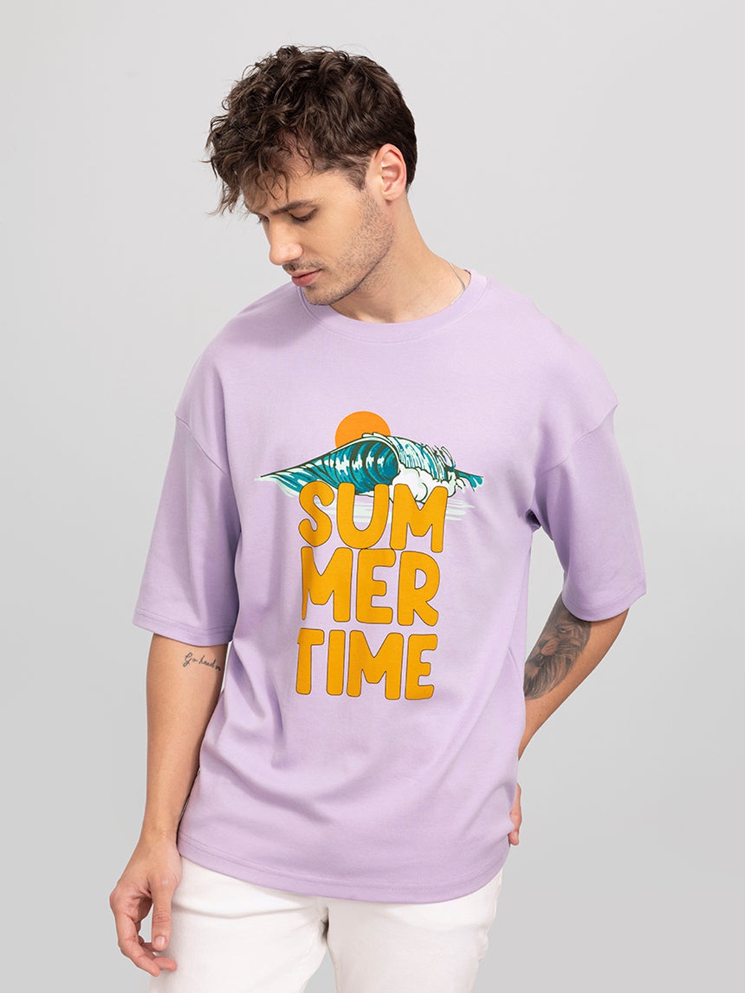 

Snitch Men Typography Printed Drop-Shoulder Sleeves Cotton Oversize T-shirt, Lavender