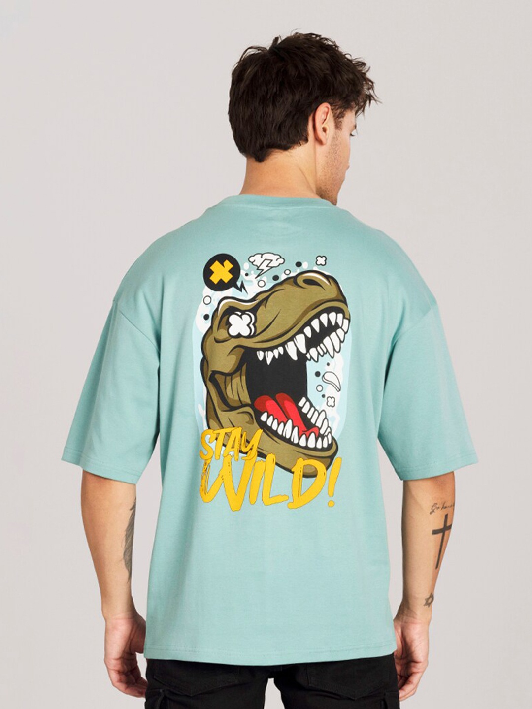 

Snitch Men Sea Typography Printed Drop-Shoulder Sleeves Oversize Cotton T-shirt, Sea green