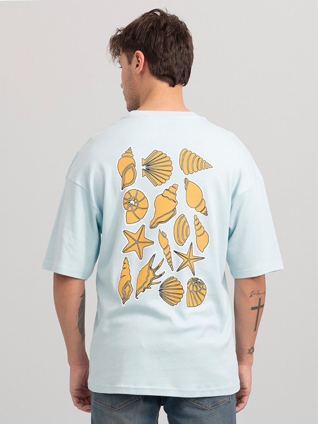 

Snitch Men Printed Drop Shoulder Sleeve Loose Cotton T-shirt, Blue