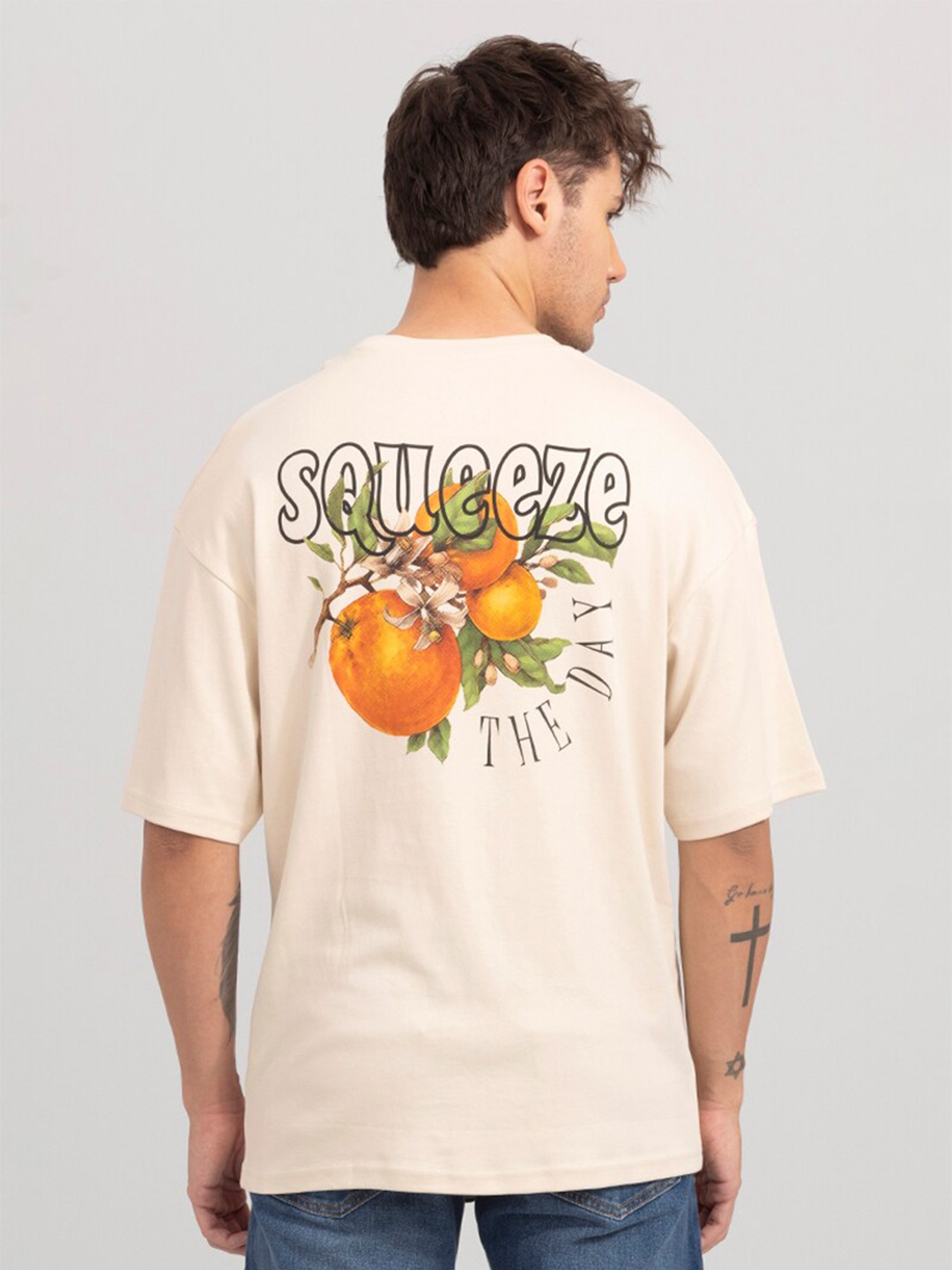 

Snitch Men Printed Drop-Shoulder Cotton T-shirt, Cream