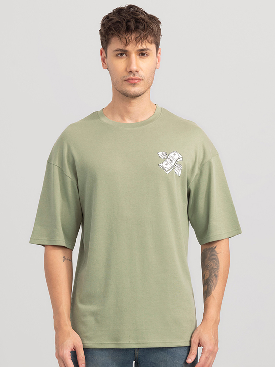 

Snitch Men Cotton Typography Printed Drop-Shoulder Sleeves T-shirt, Green