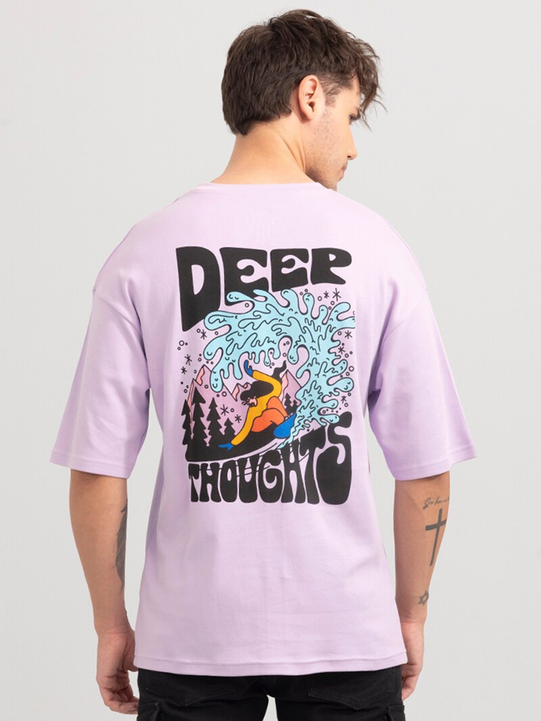 

Snitch Men Typography Printed Drop-Shoulder Sleeves Cotton T-shirt, Lavender