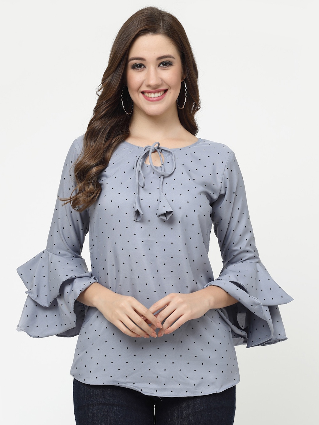 

MISS AYSE Polka Dots Print Tie-Up Neck Top, Grey