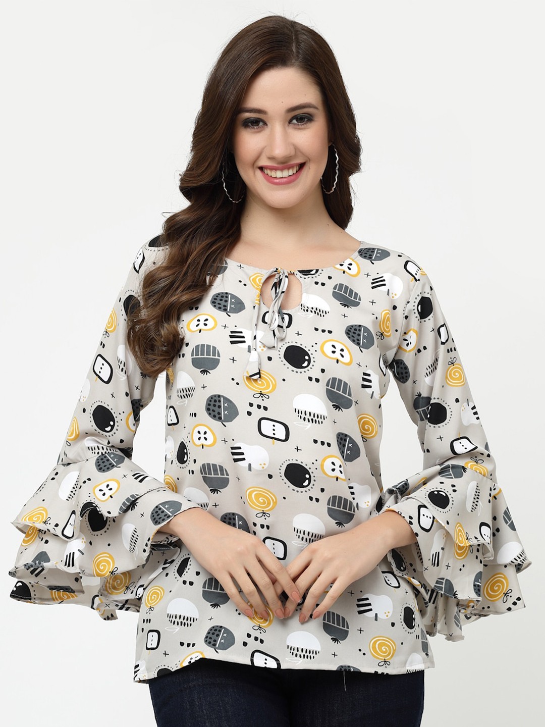 

MISS AYSE Print Tie-Up Neck Top, Grey