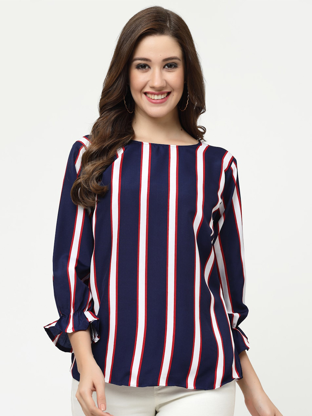 

MISS AYSE Striped Crepe Top, Navy blue