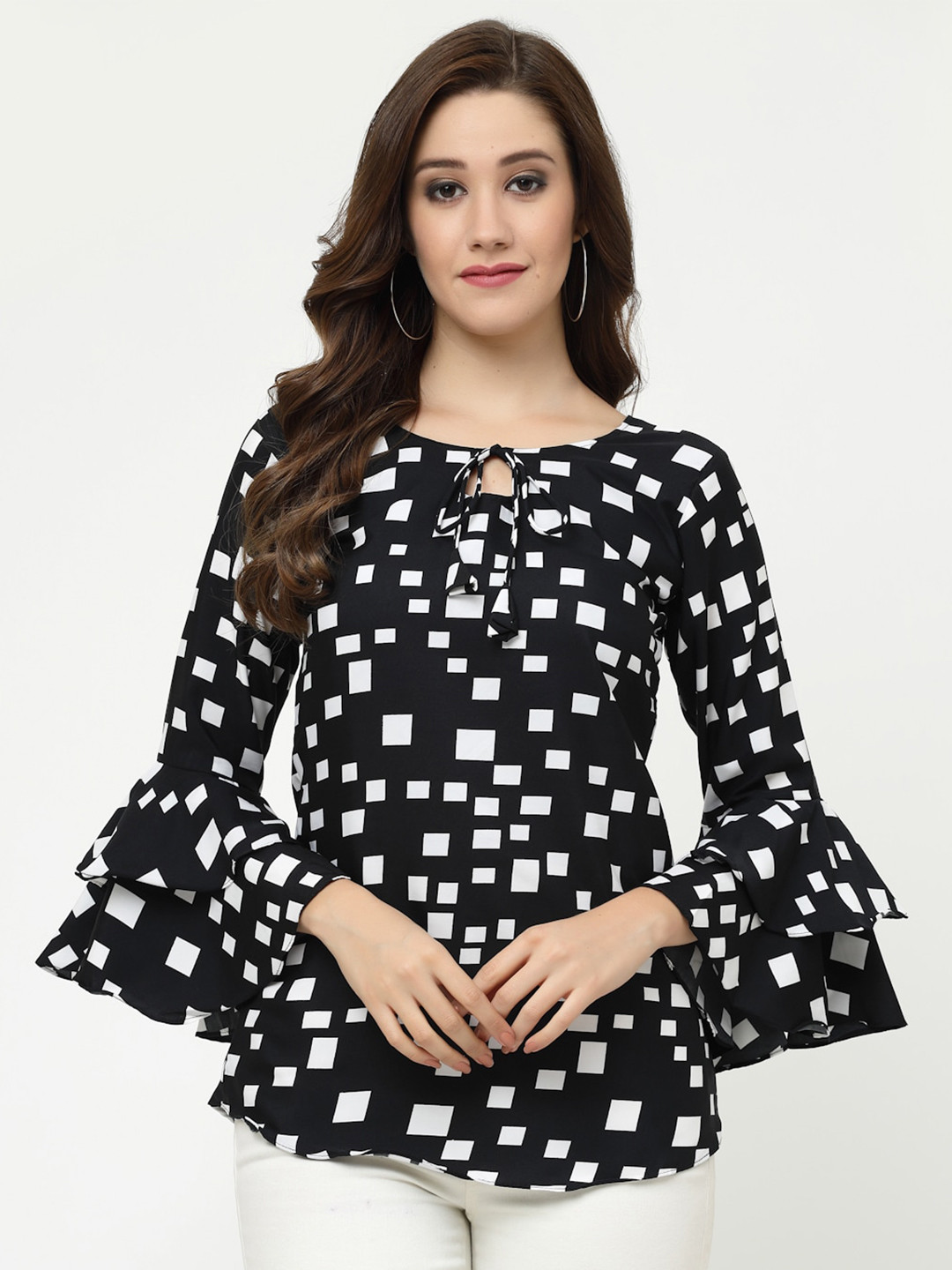 

MISS AYSE Monochrome Geometric Print Tie-Up Neck Top, Black