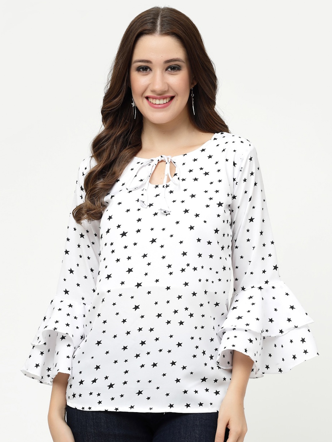 

MISS AYSE Print Tie-Up Neck Crepe Top, White