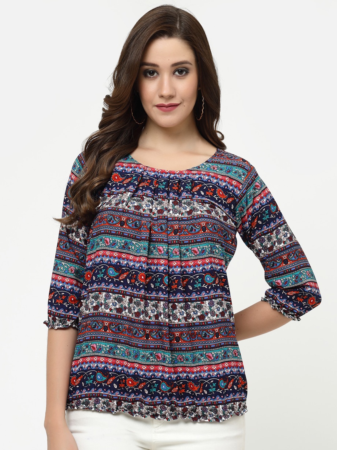 

MISS AYSE Tribal Printed Crepe Round Neck Top, Navy blue