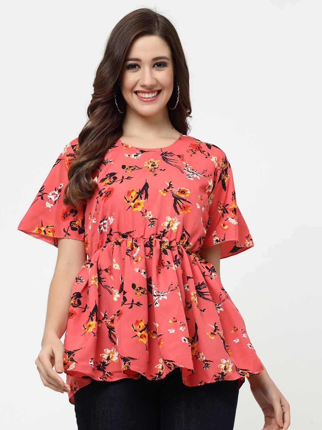 

MISS AYSE Floral Printed Crepe Empire Top, Peach