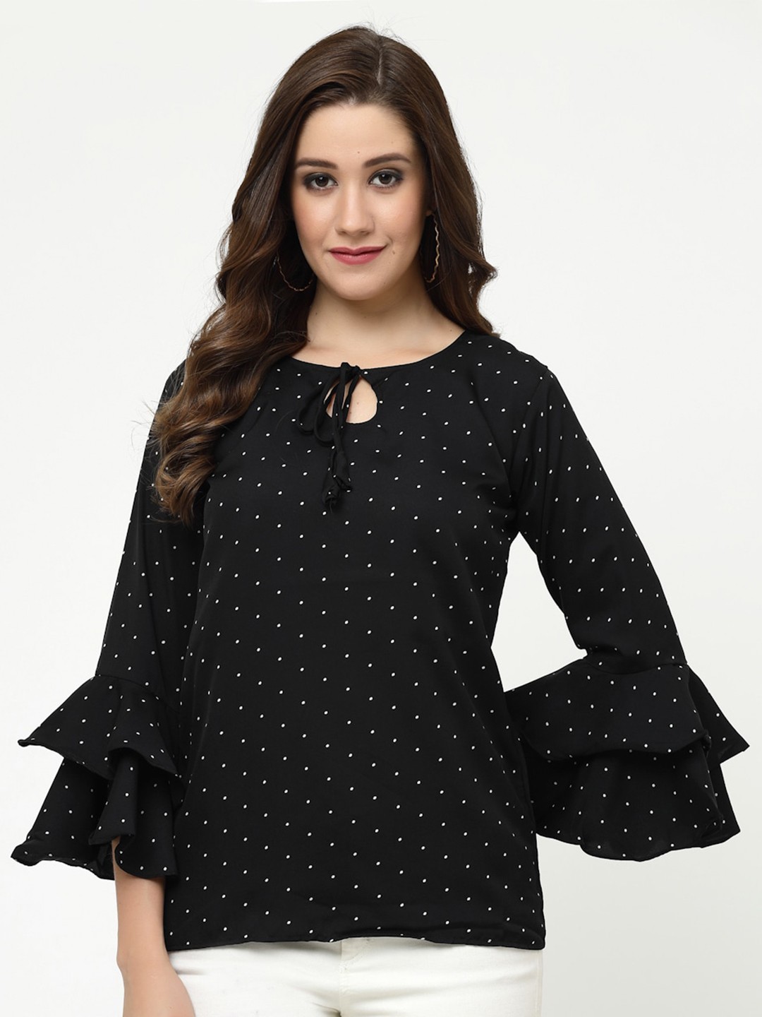 

MISS AYSE Polka Dot Printed Tie-Up Neck Crepe Top, Black