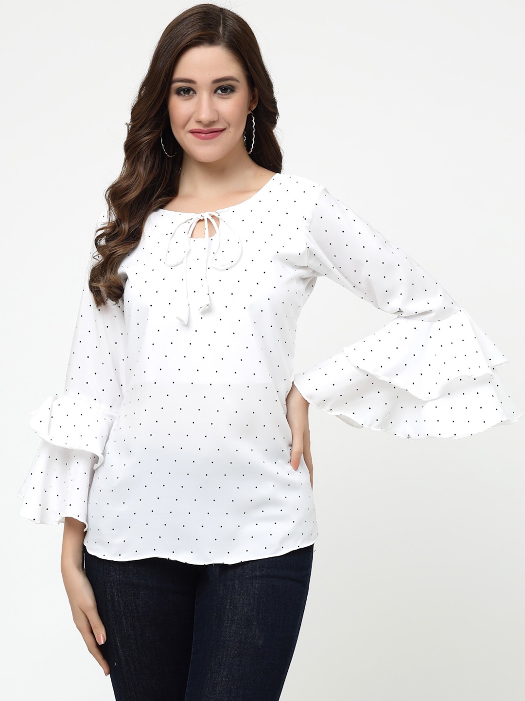 

MISS AYSE Printed Tie-Up Neck Crepe Top, White