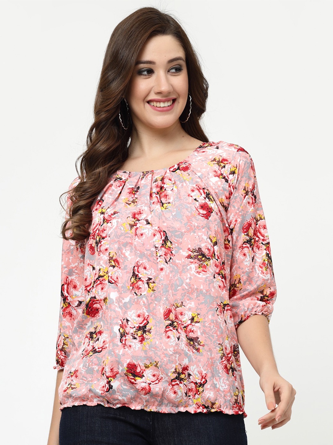 

MISS AYSE Floral Printed Round Neck Crepe Top, Pink