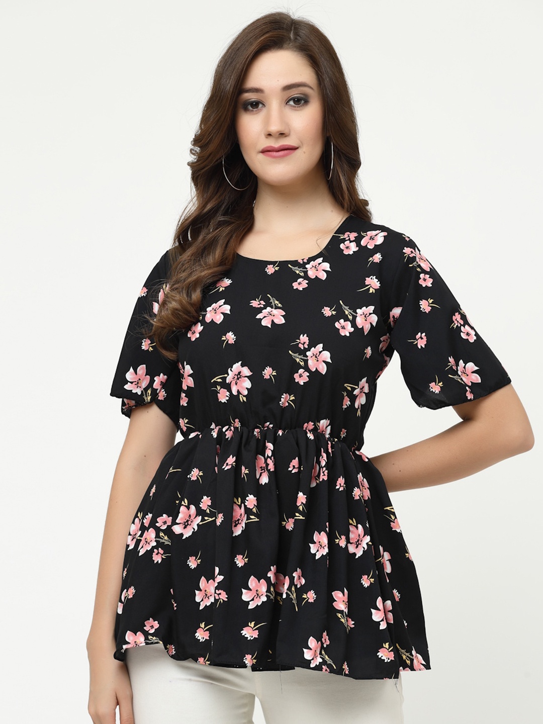 MISS AYSE Floral Printed Cinched Waist Top, Black