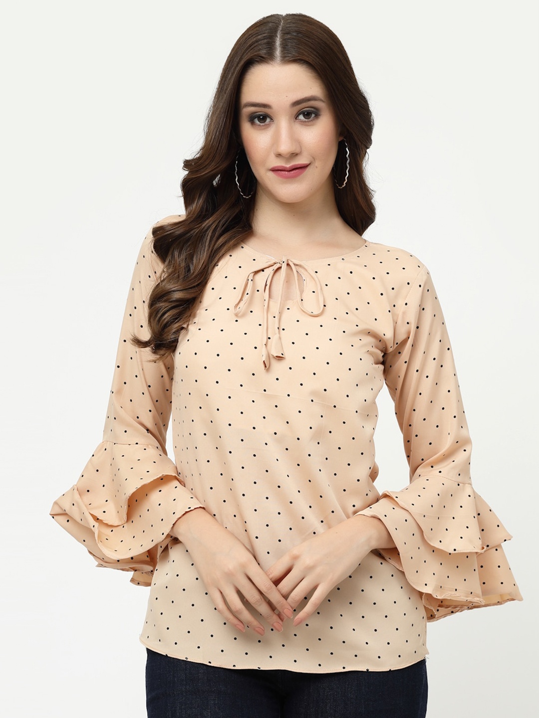

MISS AYSE Polka Dots Printed Tie-Up Neck Top, Cream