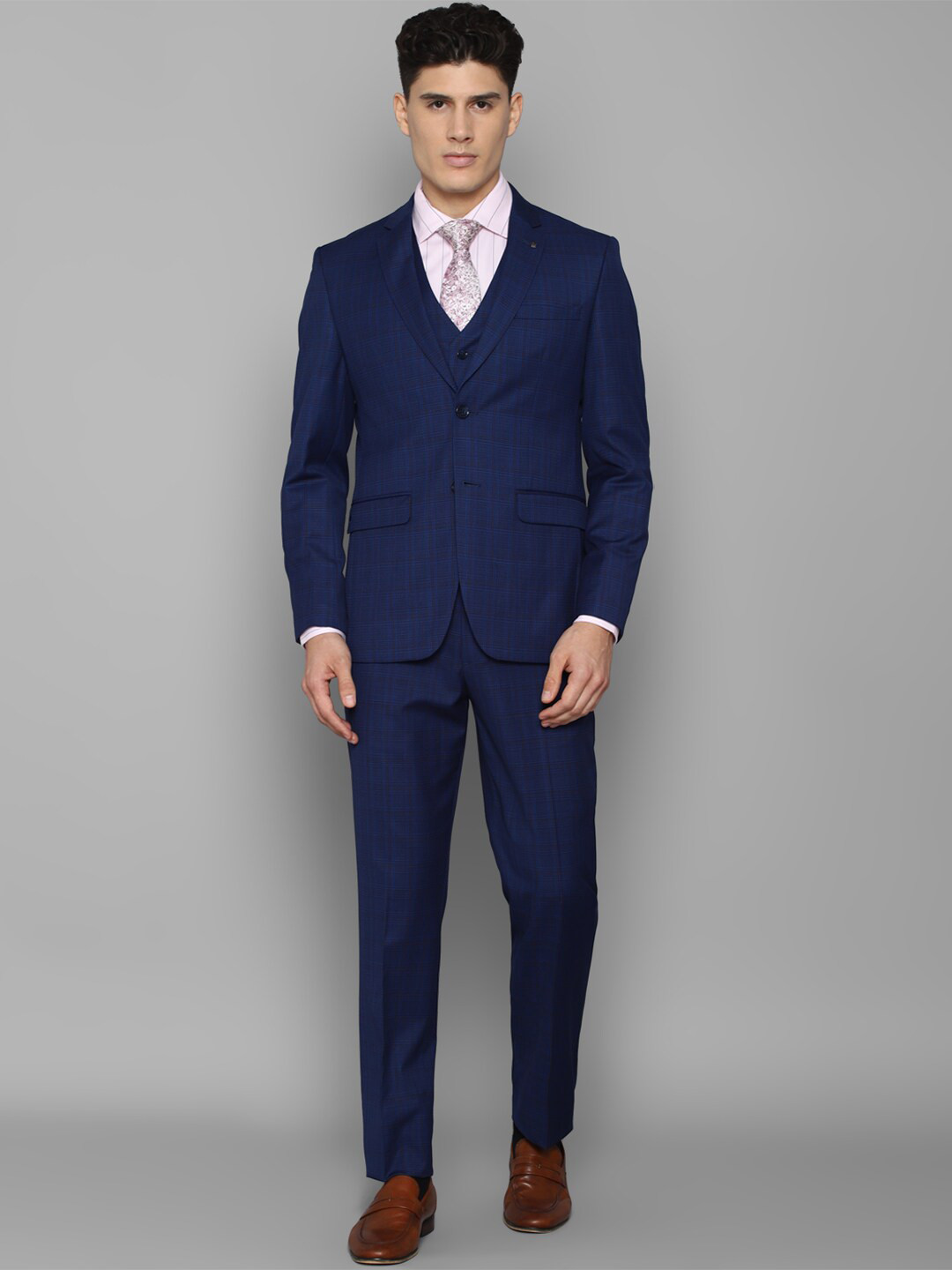 

Louis Philippe Men Checked Single-Breasted Slim-Fit 3-Piece Suit, Navy blue
