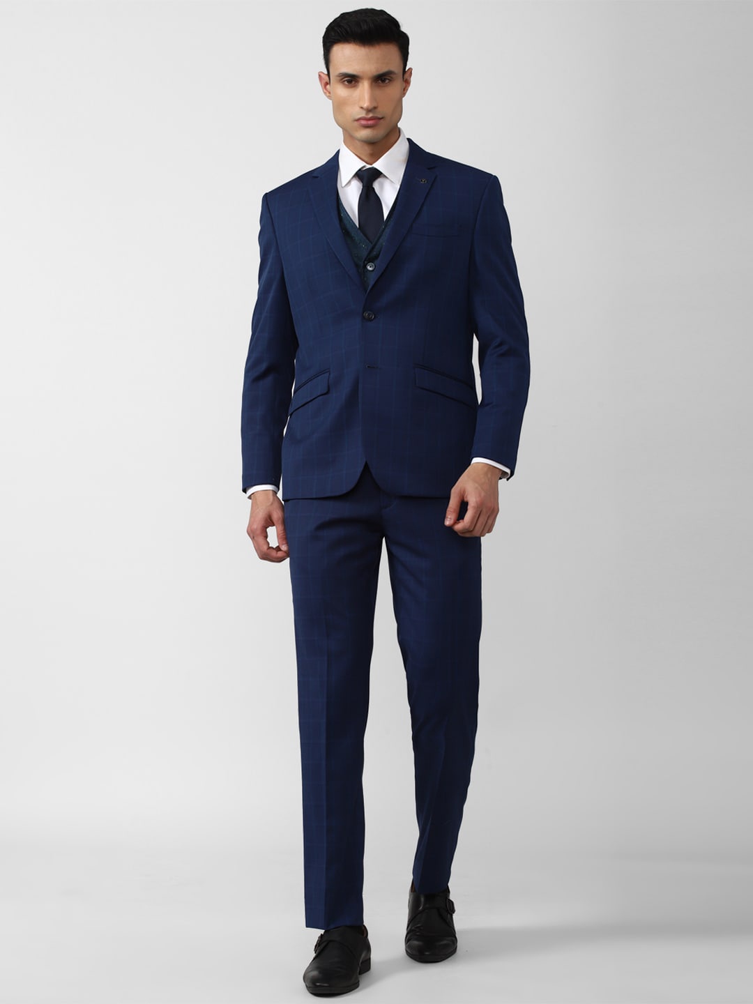 

Van Heusen Men Checked Tailored-Fit Single-Breasted 4-Piece Suit, Navy blue