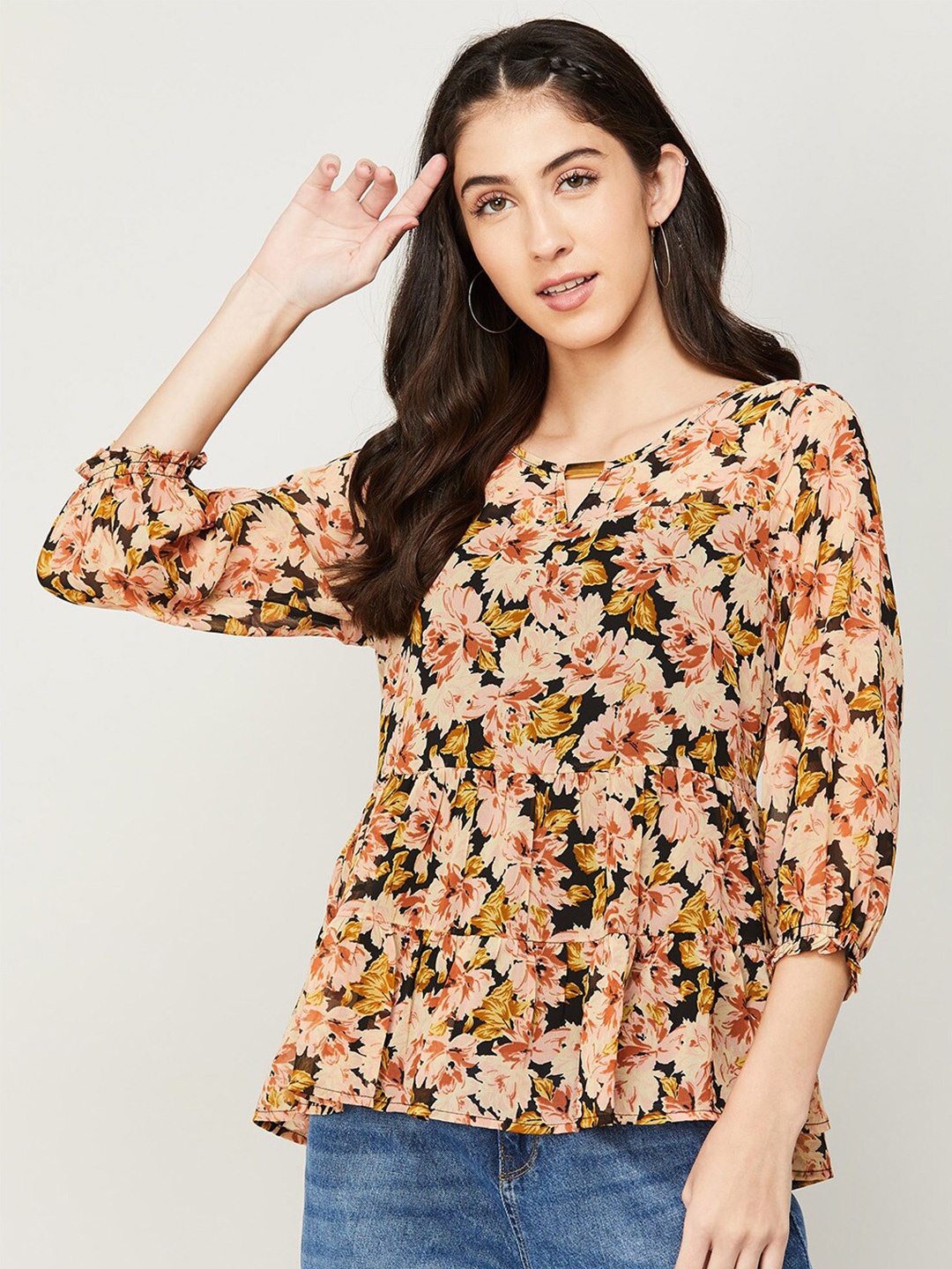 

CODE by Lifestyle Floral Printed Top, Beige