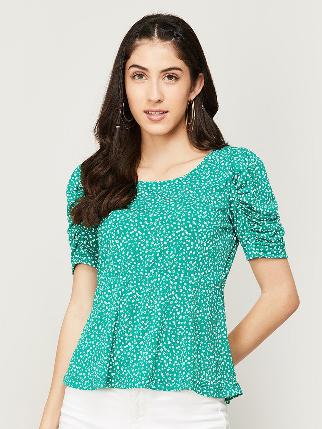

CODE by Lifestyle Floral Printed Cinched Waist Top, Turquoise blue