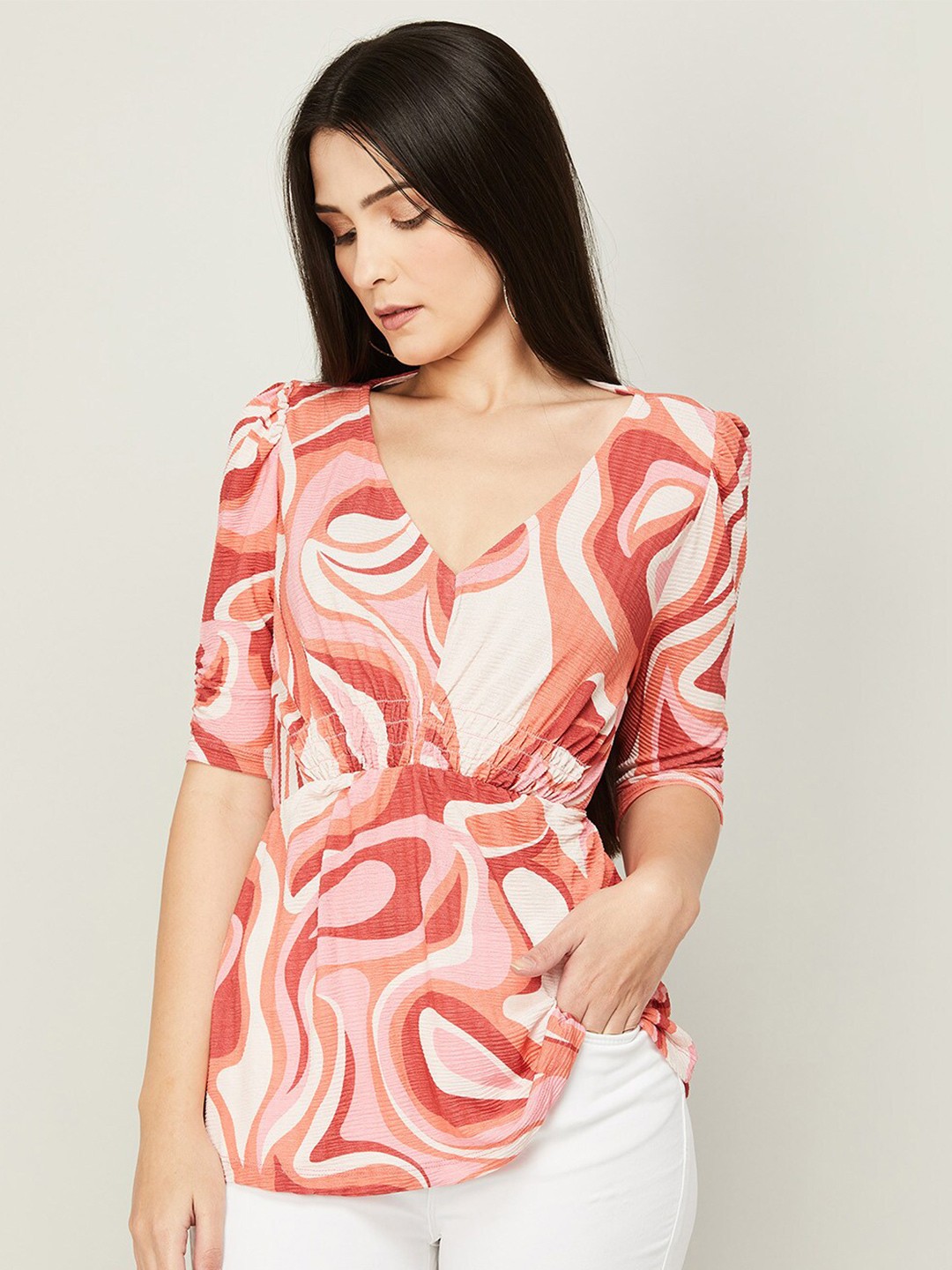 

CODE by Lifestyle Abstract Printed Cinched Waist Top, Coral