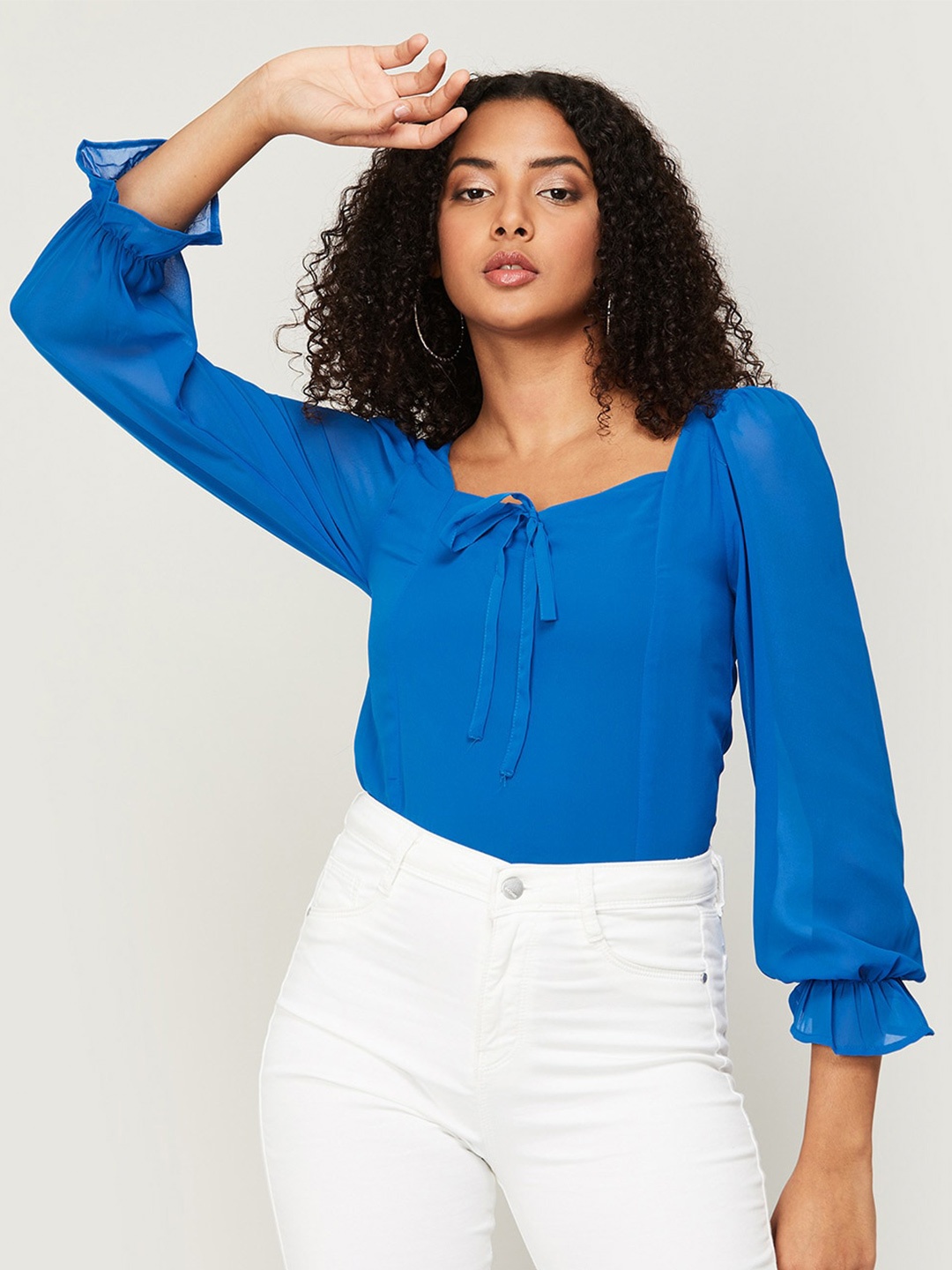 

CODE by Lifestyle Tie-Up Neck Smocked Top, Blue