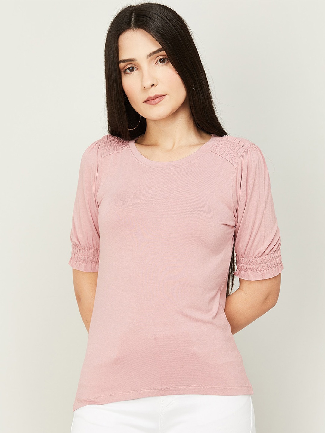 

CODE by Lifestyle Round Neck Smocked Top, Pink