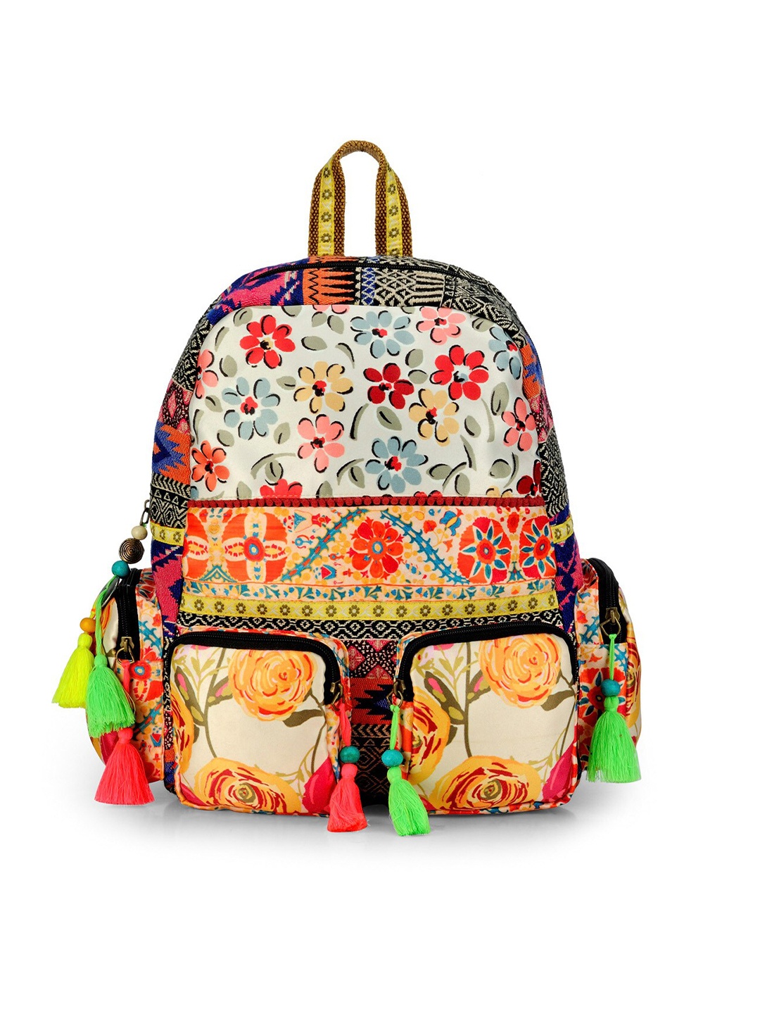 

The House of Tara Women Graphic Printed Tasselled Backpack, White
