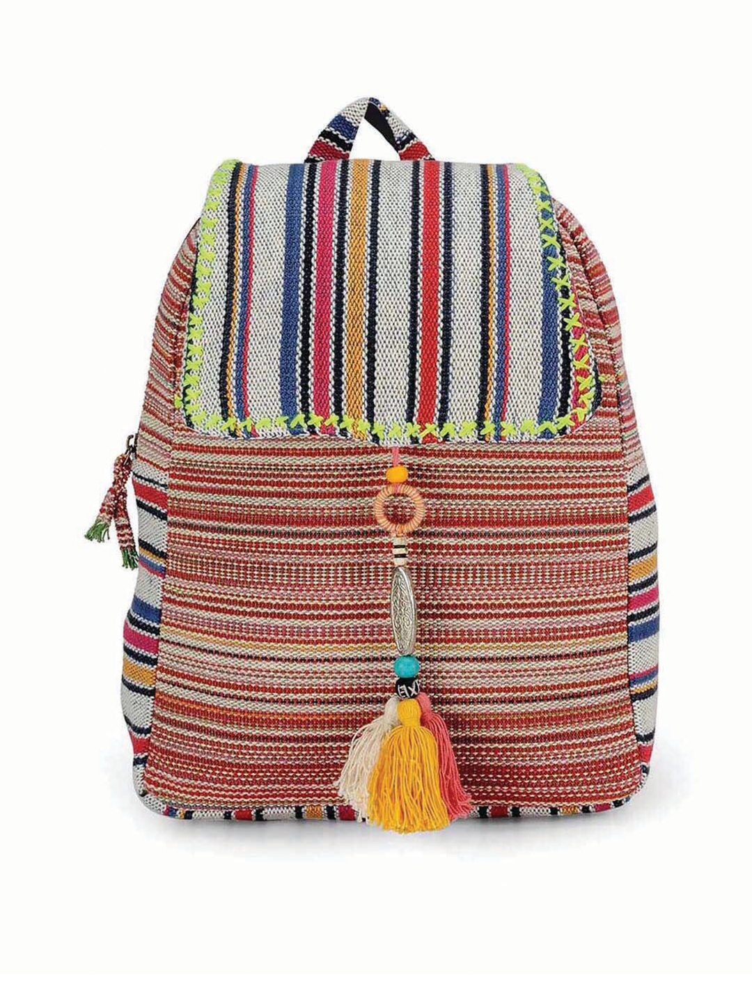 

The House of Tara Women Striped Tasselled Backpack, Red