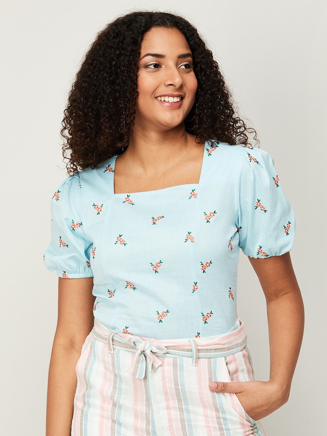 

Fame Forever by Lifestyle Floral Embroidered Square Neck Puff Sleeves Cotton Top, Blue