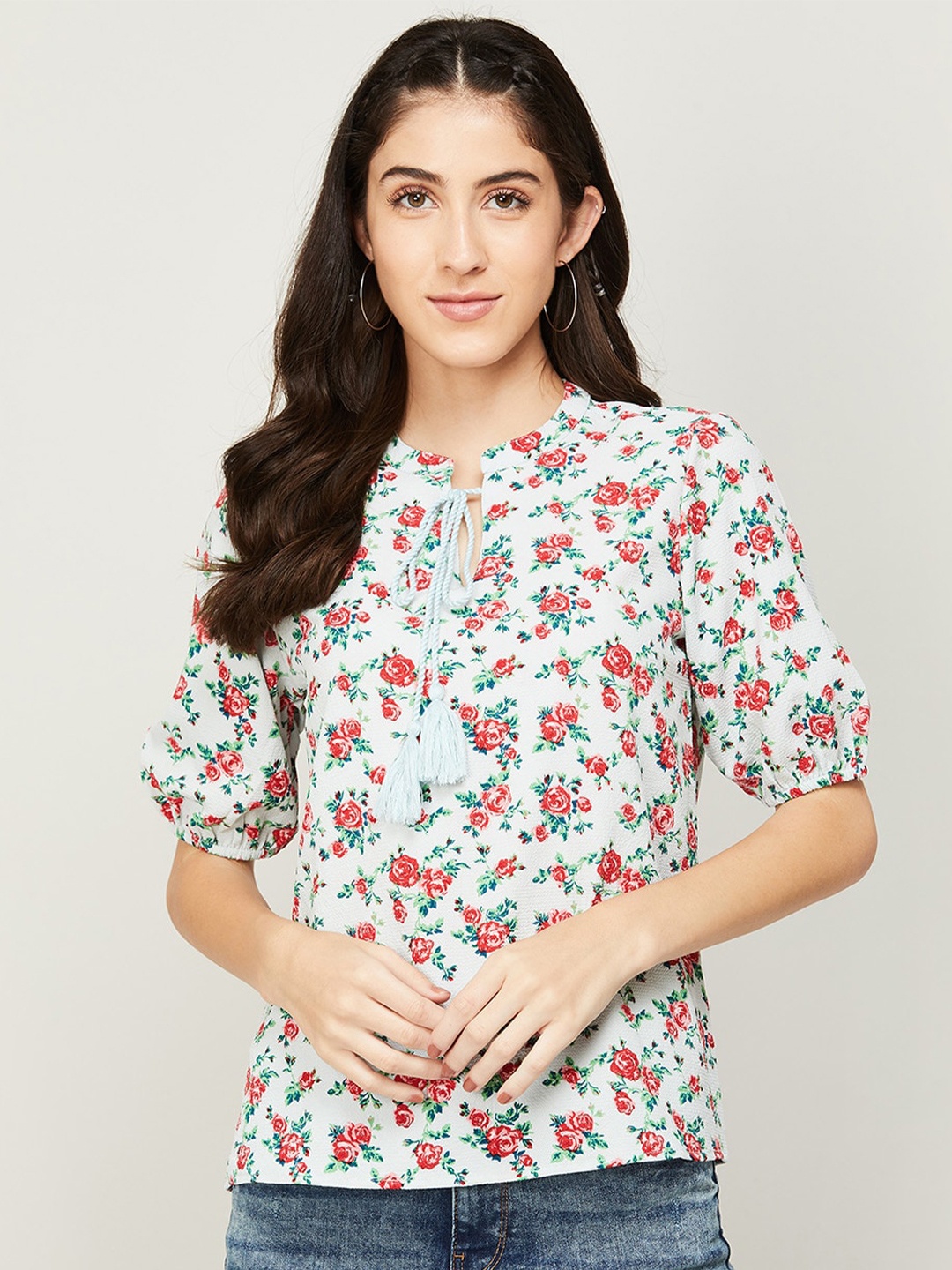 

Fame Forever by Lifestyle Floral Printed Tie-Up Neck Top, Blue