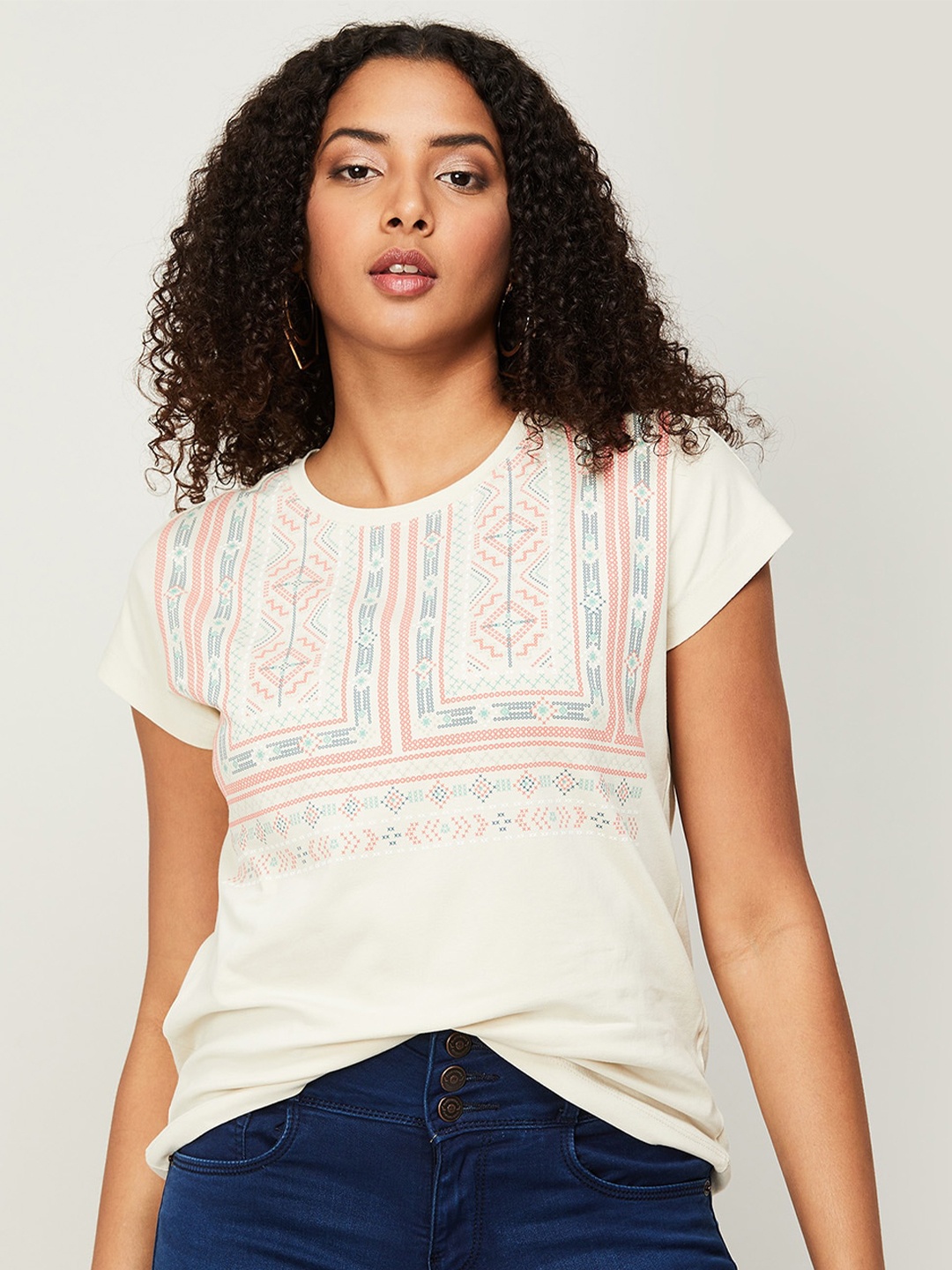 

Fame Forever by Lifestyle Geometric Printed Cotton Top, Beige