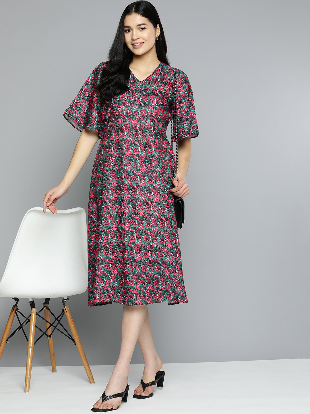 

HERE&NOW Floral Print Flared Sleeves Midi A-Line Dress, Multi