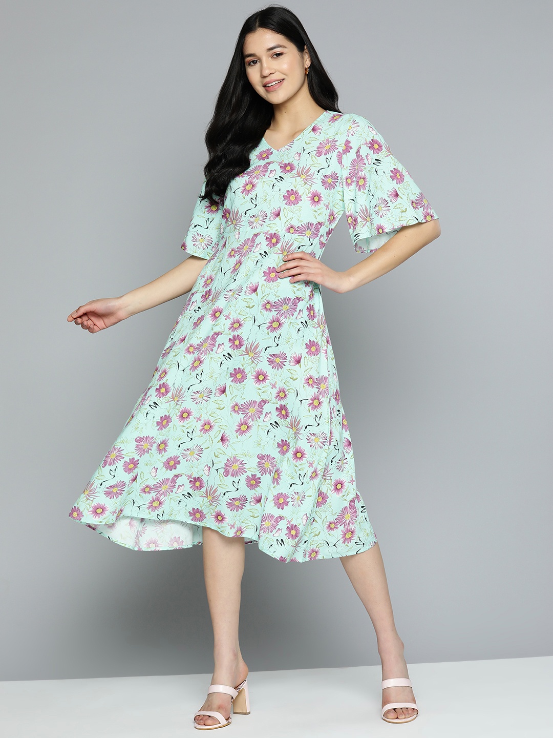 

HERE&NOW Floral Print Flared Sleeves Midi A-Line Dress, Blue