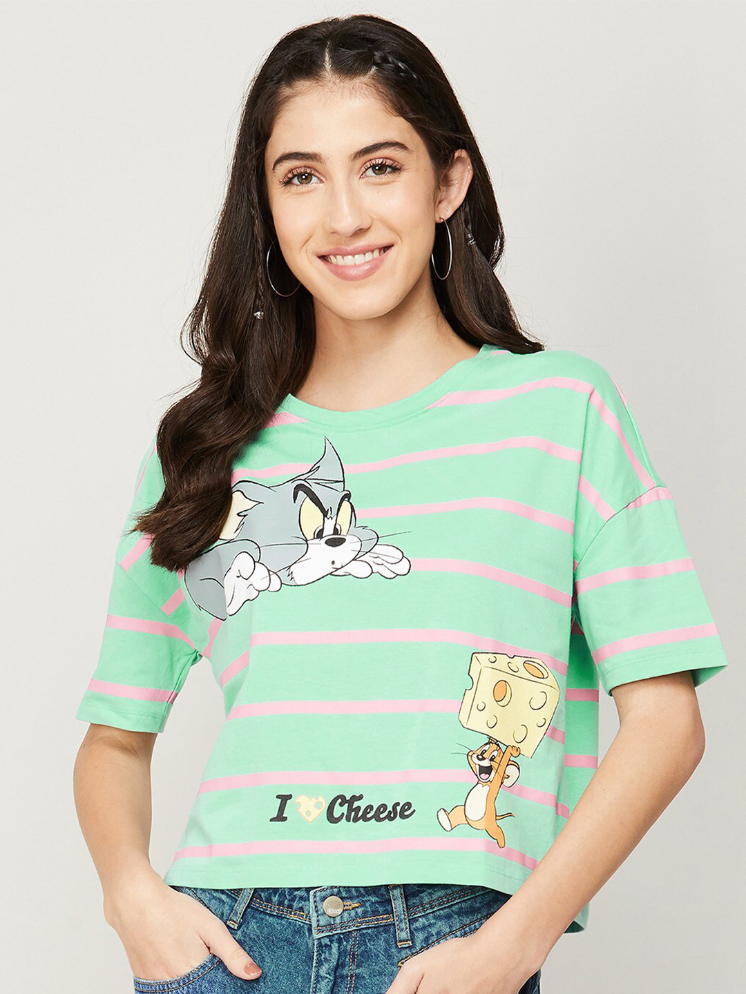 

Ginger by Lifestyle Women Striped Drop-Shoulder Sleeves Cotton Loose T-shirt, Green