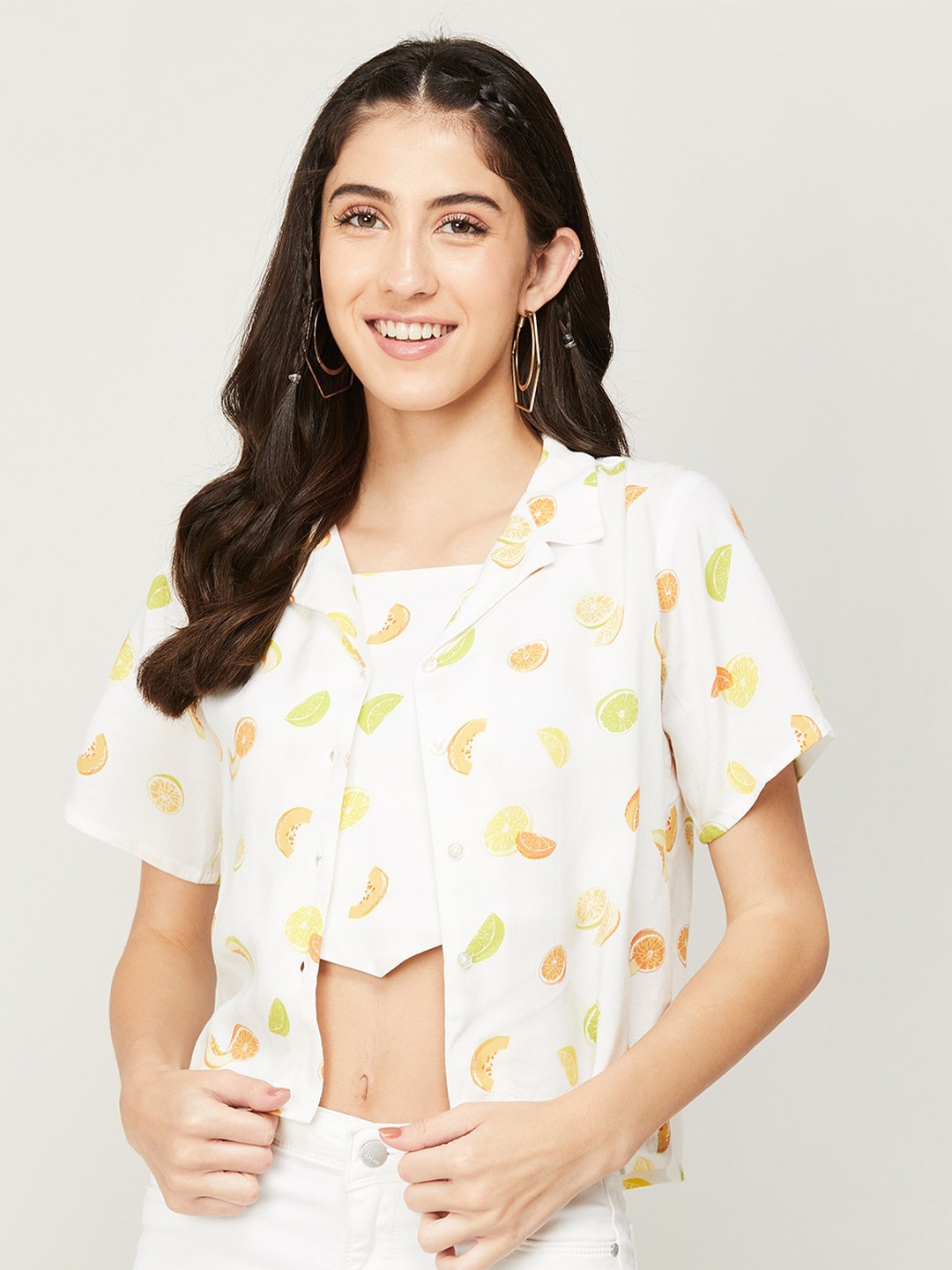 

Ginger by Lifestyle Print Blouson Crop Top With Shirt, White