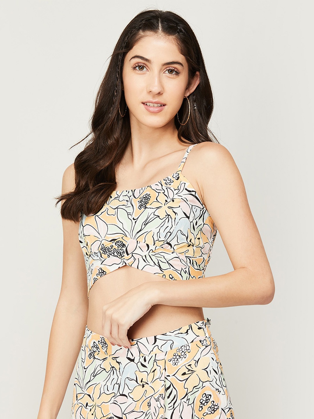 

Ginger by Lifestyle Floral Print Linen Bralette Crop Top, Off white