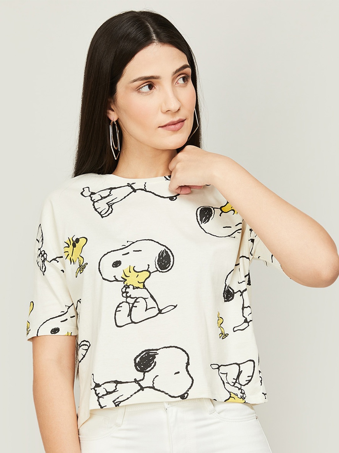 

Ginger by Lifestyle Women Printed Cotton T-shirt, Cream