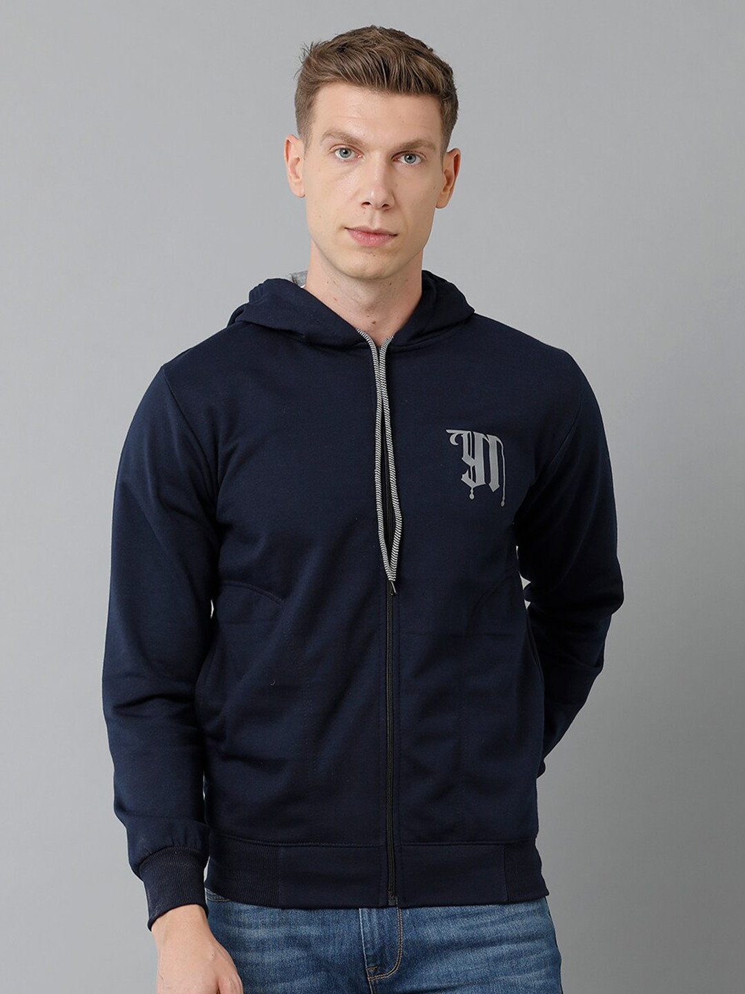 

YOVISH Men Printed Hooded Cotton Sweatshirt, Navy blue