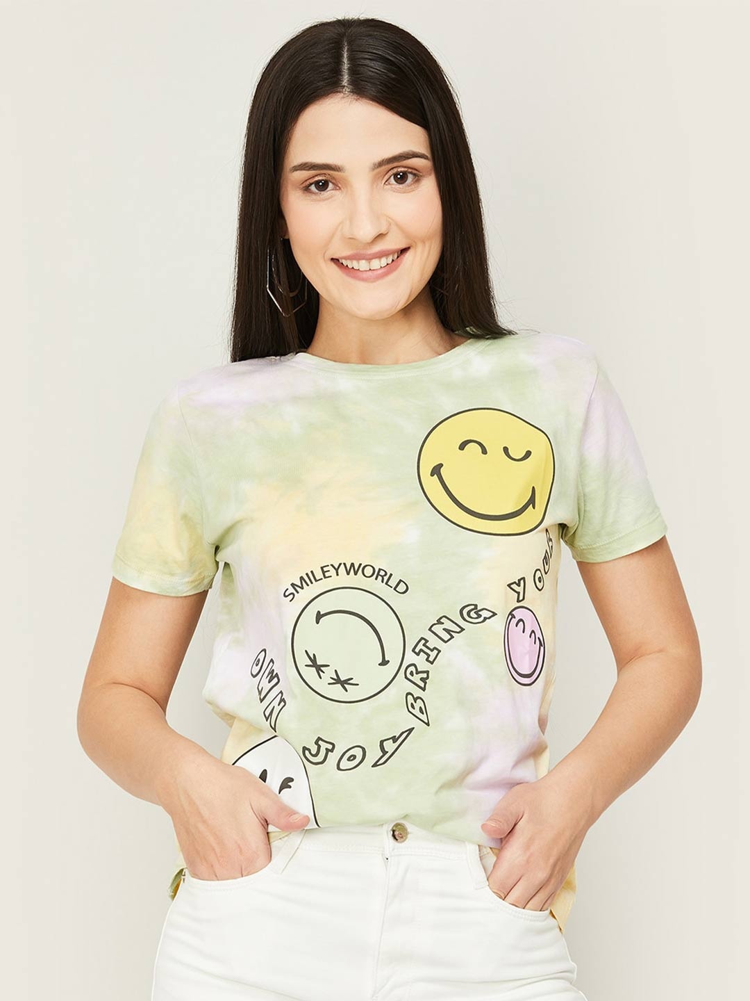 

SmileyWorld Women Tie and Dye Dyed Cotton T-shirt, White