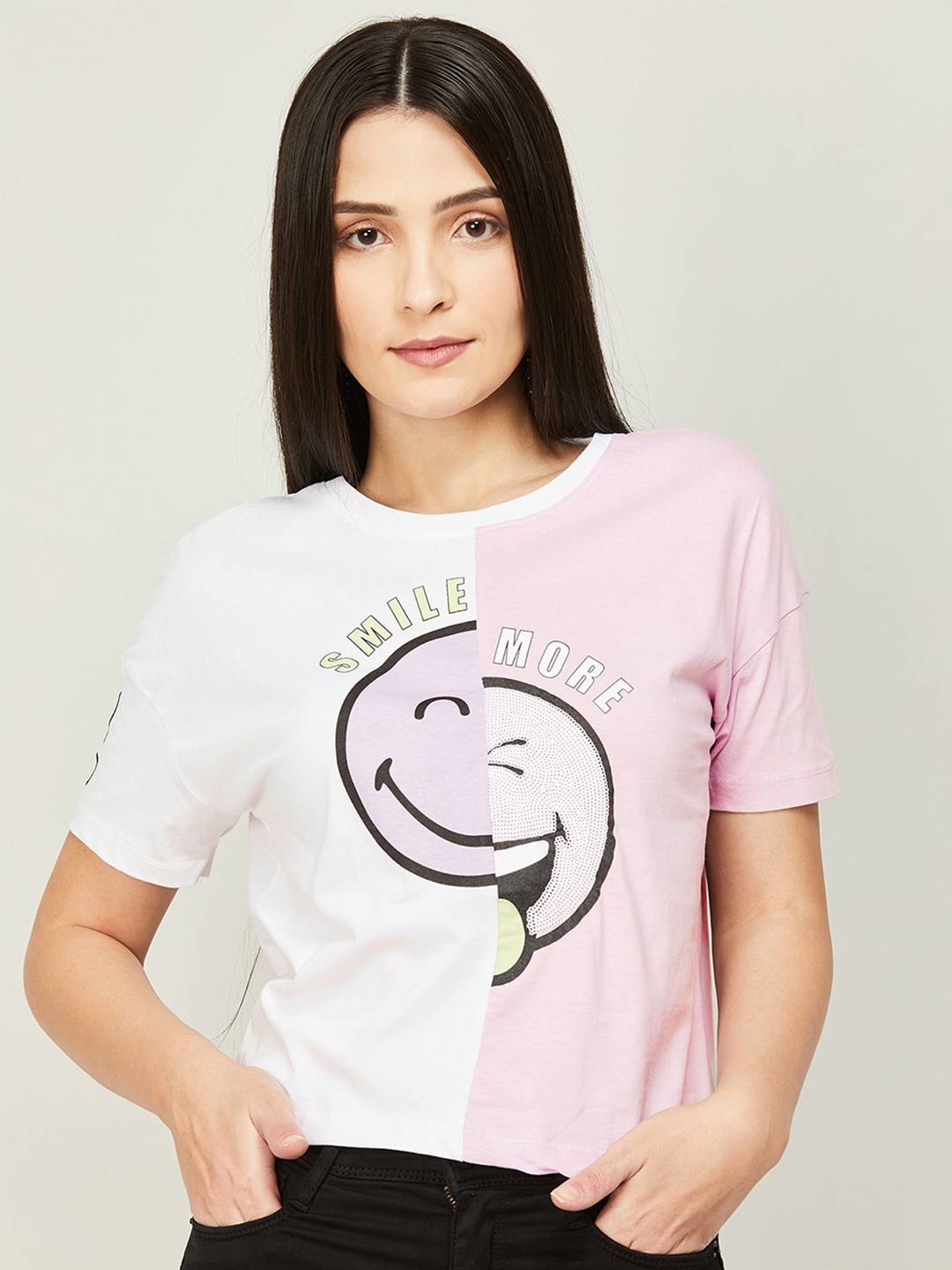 

SmileyWorld Women Printed Drop-Shoulder Sleeves Cotton T-shirt, White