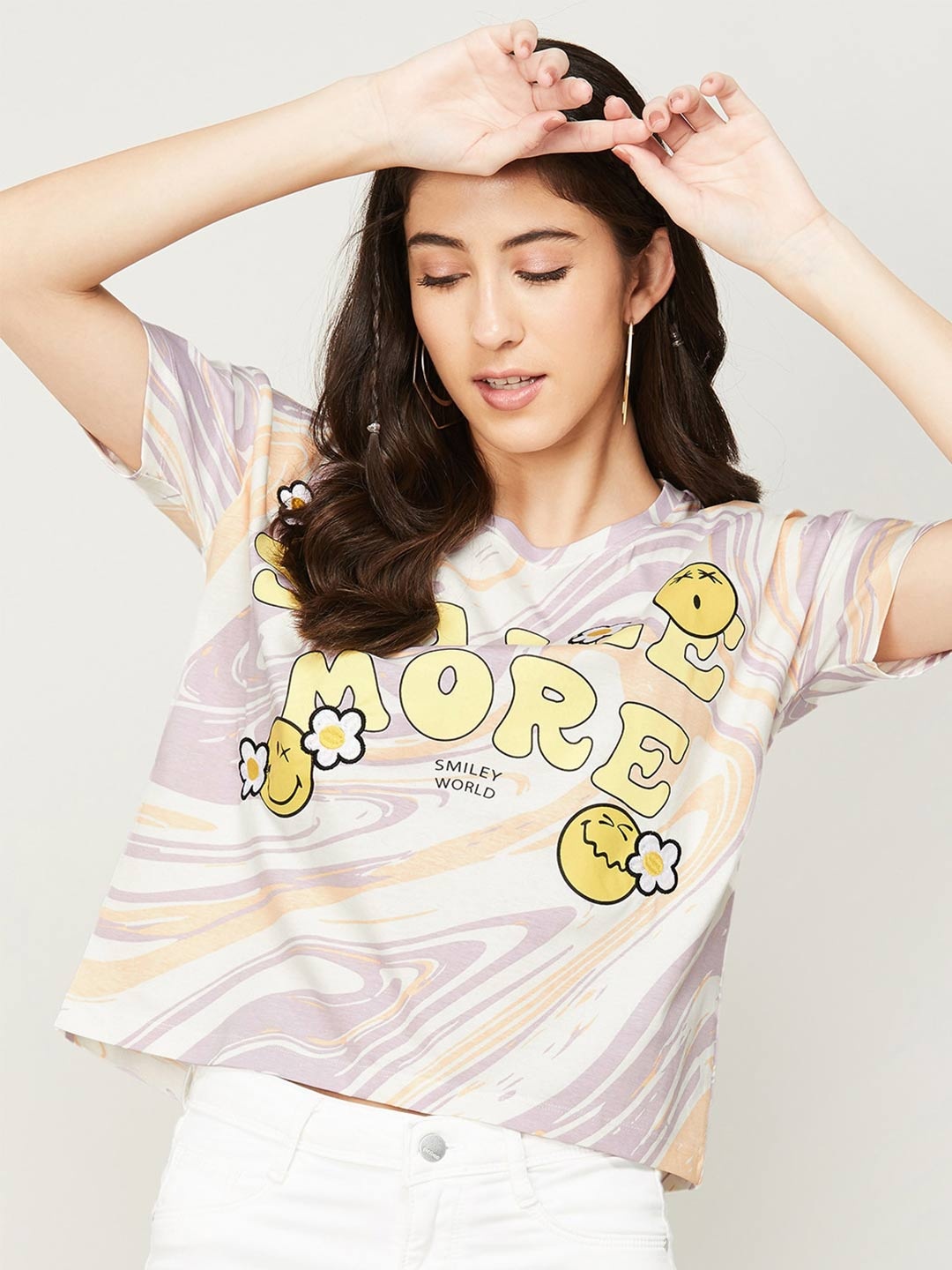 

SmileyWorld Women Typography Printed Boxy Cotton T-shirt, Lavender