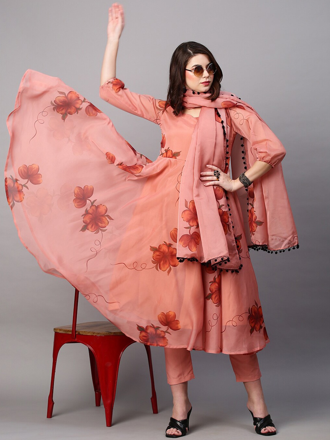 

KALINI Women Floral Printed Pleated Anarkali Kurta with Trousers & Dupatta, Peach