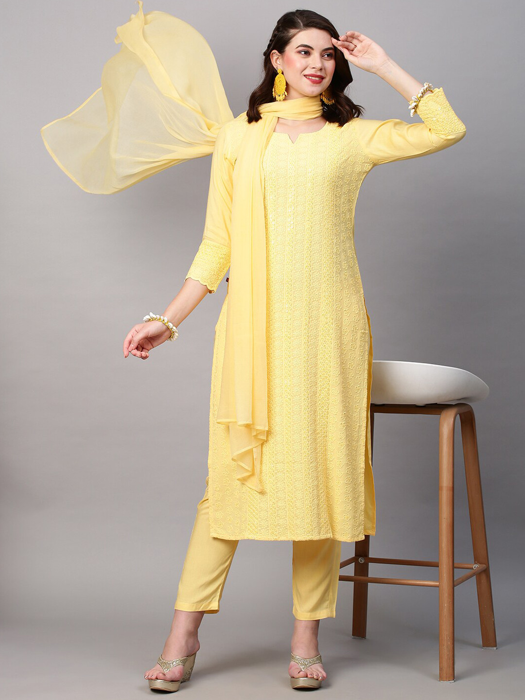 

KALINI Women Floral Embroidered Thread Work Kurta with Trousers & With Dupatta, Yellow