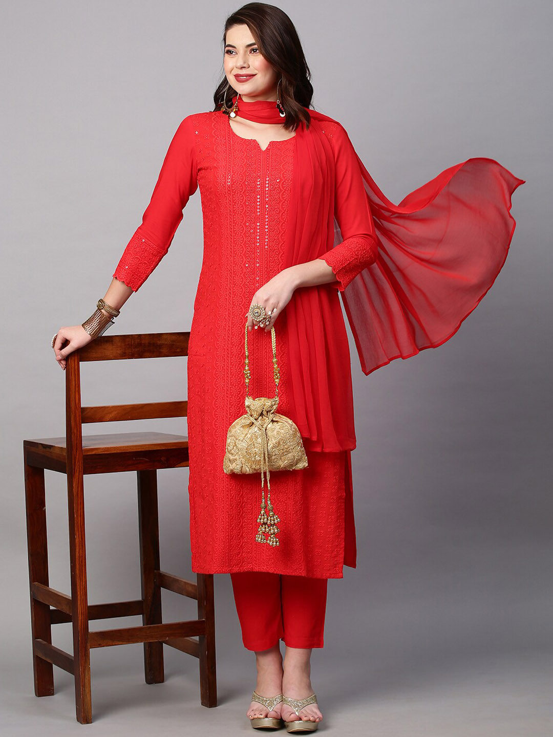 

KALINI Women Ethnic Motifs Embroidered Sequinned Kurta with Trousers & Dupatta, Red