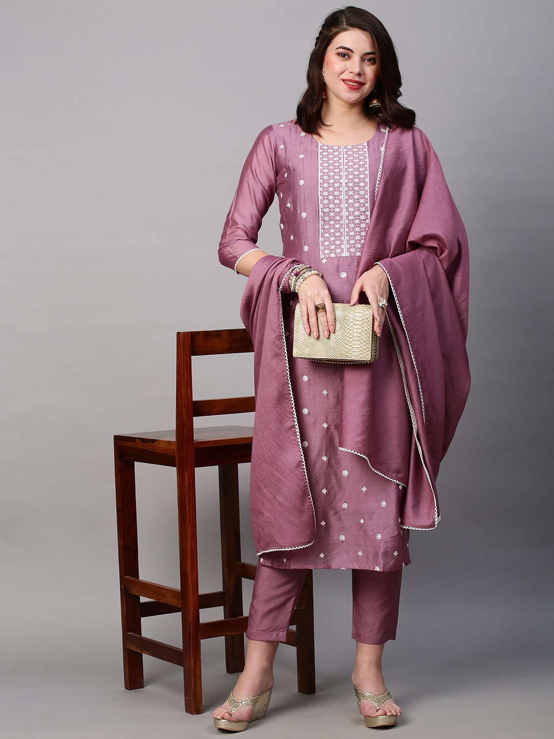 

KALINI Women Floral Embroidered Kurta With Trousers & Dupatta, Purple